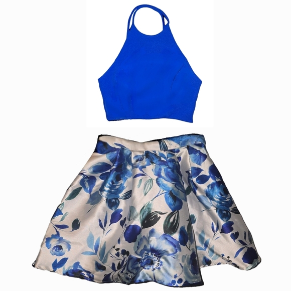 B. Darlin 2-Piece Semi-Formal Blue Floral Dress - Juniors Size 1/2 - Picture 1 of 12